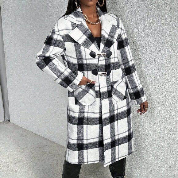 Plaid Print Drop Shoulder Overcoat Multicolor - Picture 6 of 6